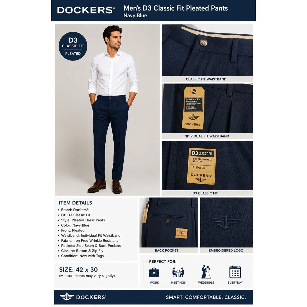 Dockers D3 Classic Fit Pleated Dress Pants Men's 42x30 Navy Blue NWT